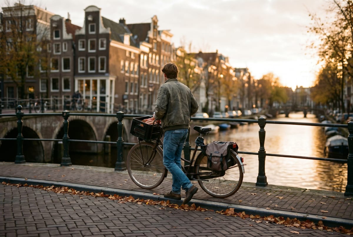 Newcomer pausing on an Amsterdam canal bridge at sunset